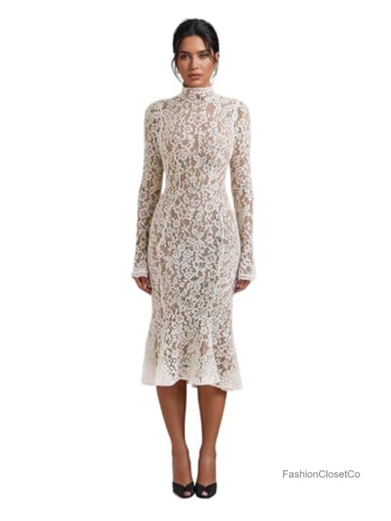 Dresses & Skirts - Floral Lace Mock Neck Long Sleeve Midi Dress Back Zipper Bodycon